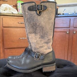 UGG Black and Tan Leather Buckle Boots